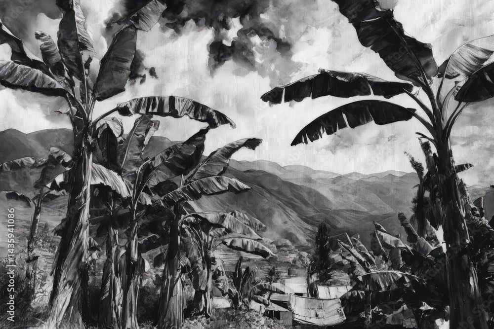 Serene Black and White Landscape with Banana Trees and Mountains