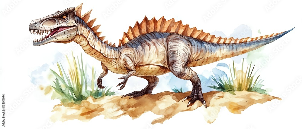 Fototapeta premium Watercolor dinosaur illustration with prehistoric landscape Hand drawn Triceratops with mountains and grass Detailed dino clipart for kids products Children Encyclopedia of ancient