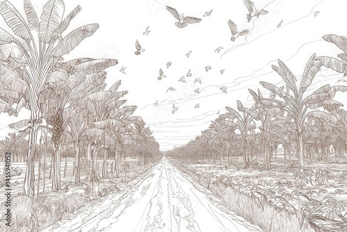 Obraz na płótnie Serene Banana Grove Path with Birds in Tranquil Landscape w salonie