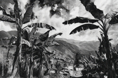 Obraz na płótnie Serene Black and White Landscape with Banana Trees and Mountains w salonie