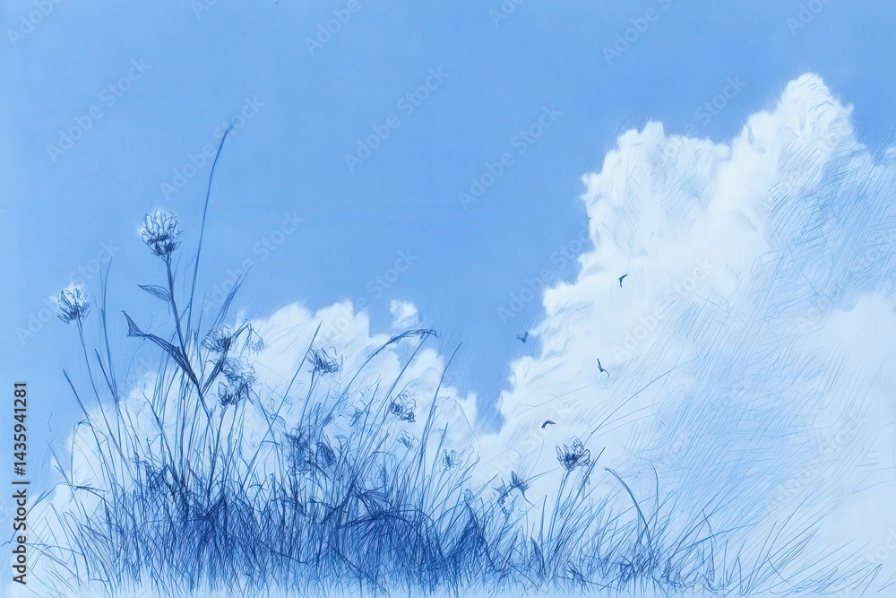 Serene Blue Sky with Delicate Flowers and Soft White Clouds