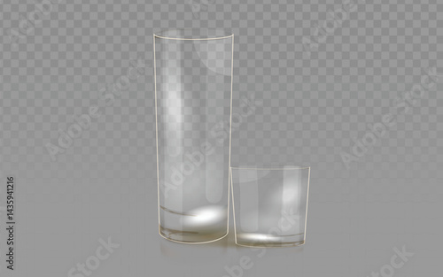 two empty, realistic glass cups against a transparent light gray checkered background. The glass on the left is taller and cylindrical, while the one on the right is shorter and wider. 