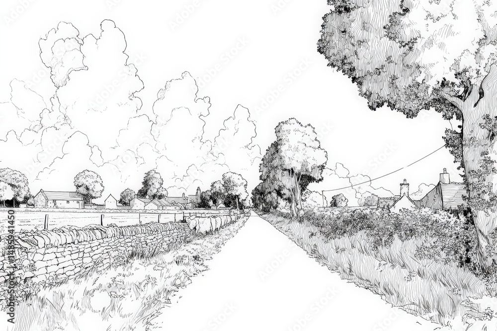 Serene Country Road Surrounded by Lush Greenery and Fields