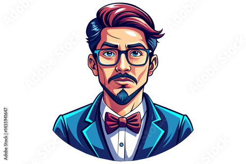 Hipster man with mustache and bow tie. Vector illustration.