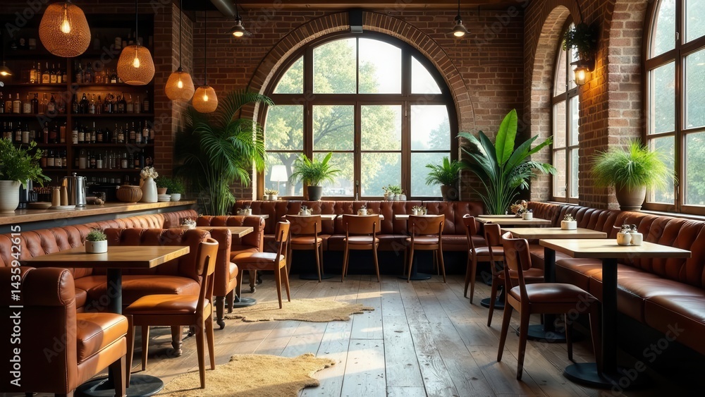 Naklejka premium A sunlit interior of a stylish restaurant with leather booths, wooden tables, and lush potted plants, creating a warm and inviting atmosphere