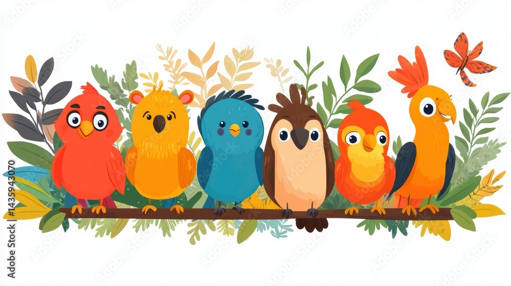 Obraz premium Colorful Birds on a Branch in Lush Tropical Foliage