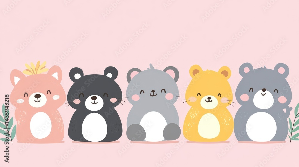 Obraz premium Adorable Cartoon Animals Row Cute Fox, Bear, Cat, and Hamster Illustration