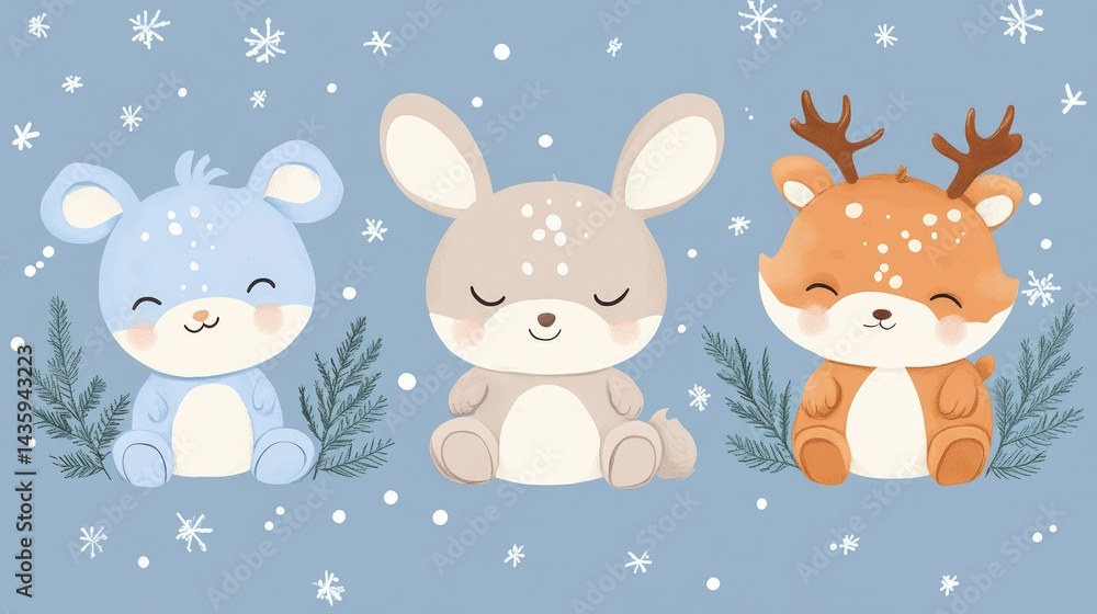 Obraz premium Adorable Winter Animals Bunny, Reindeer, and Mouse Illustration