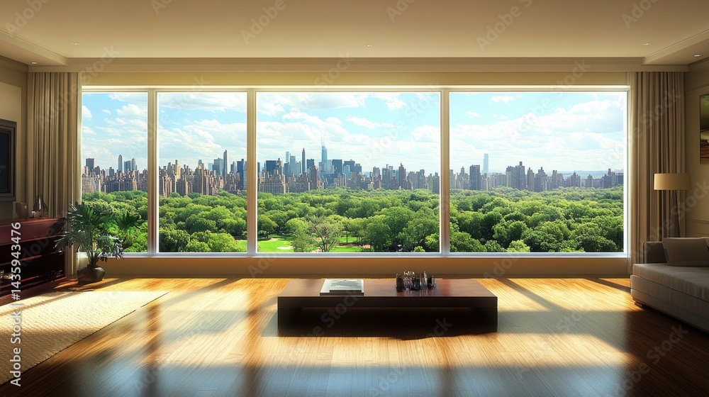 Fototapeta premium Modern condo interior with large windows overlooking a cityscape