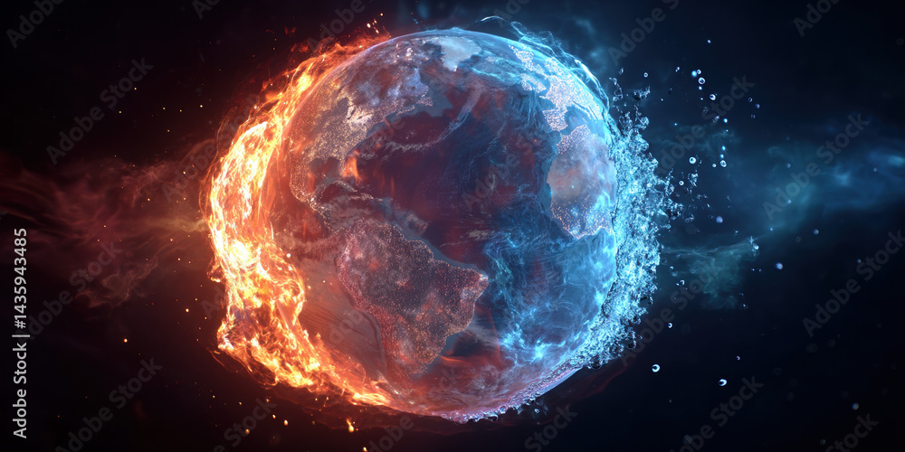 Obraz premium Energy-Powered Planet with Blue and Red Split Glow