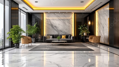 Wallpaper Mural Modern condo lobby with stylish furniture, marble floors, and indoor plants Torontodigital.ca