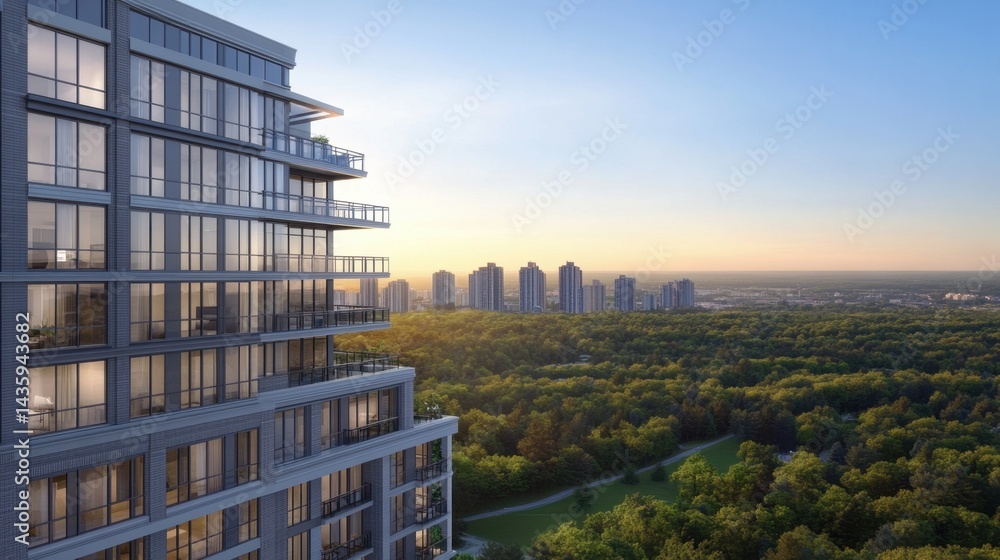Modern high-rise condominium building with glass balconies and clear sky in the background Modern high-rise condominium building with glass balconies and clear sky in the background