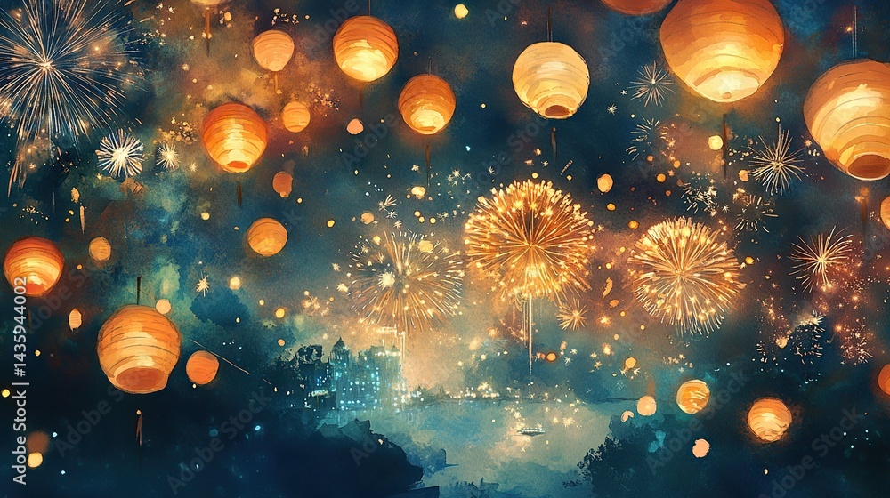 Fototapeta premium A dreamlike watercolor illustration of fireworks and glowing lanterns blending in the night sky.