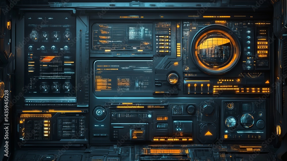 Fototapeta premium Futuristic SciFi Control Panel Interface Digital Technology Orange Blue Neon Lights Modern User Interface Design Element Background Screen Graphic ui 