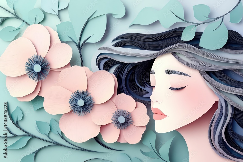 Delicate paper art portrait of a serene female figure. Delicate paper art portrait of a serene female figure.