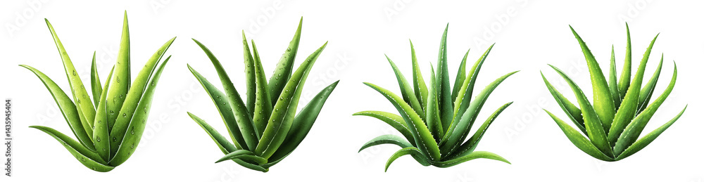 Fototapeta premium Four Vibrant Green Aloe Vera Plants with Detailed Leaves on Transparent Background