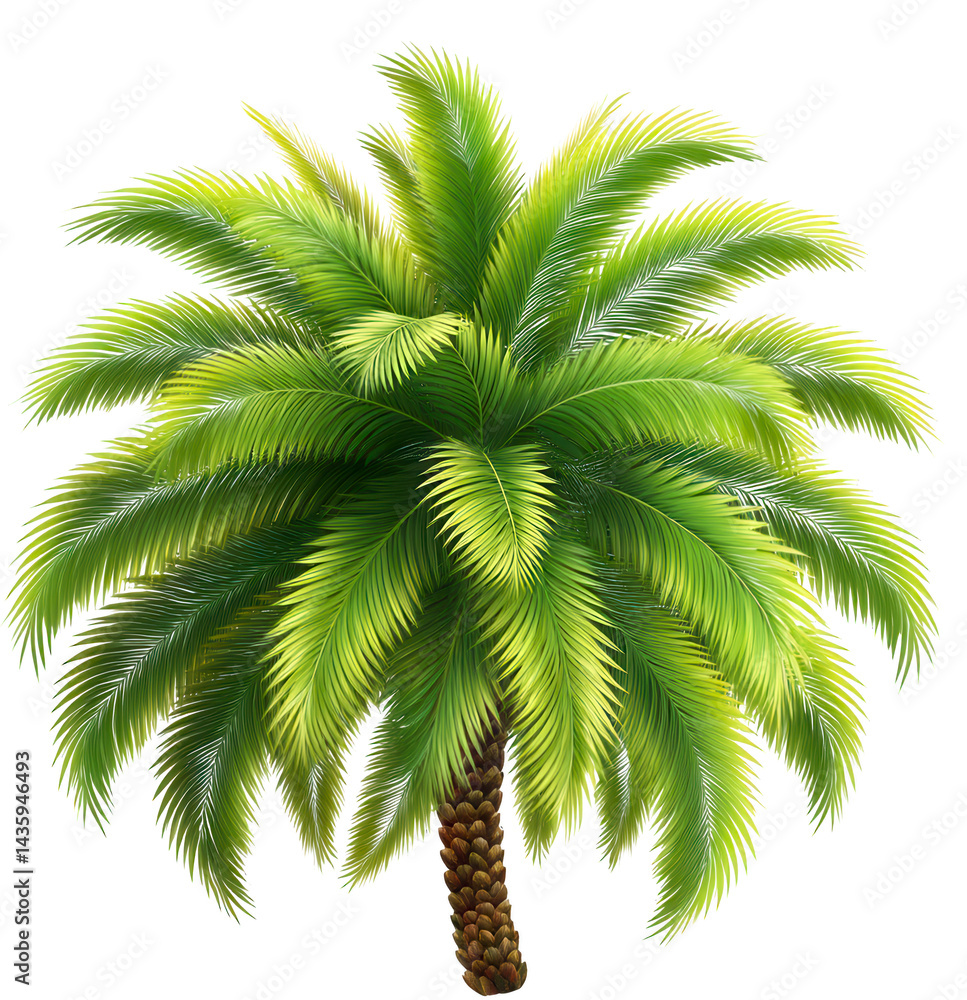 Fototapeta premium Lush Green Palm Tree with Vibrant Fronds Showcasing Tropical Foliage Against Transparent Background
