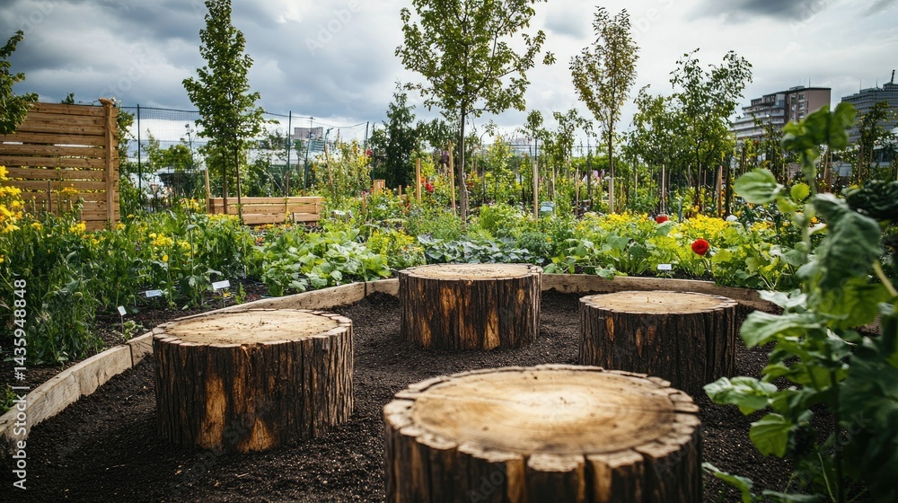 Organic garden with compost soil, native plants, and insect hotels, nurturing biodiversity sustainably, no people