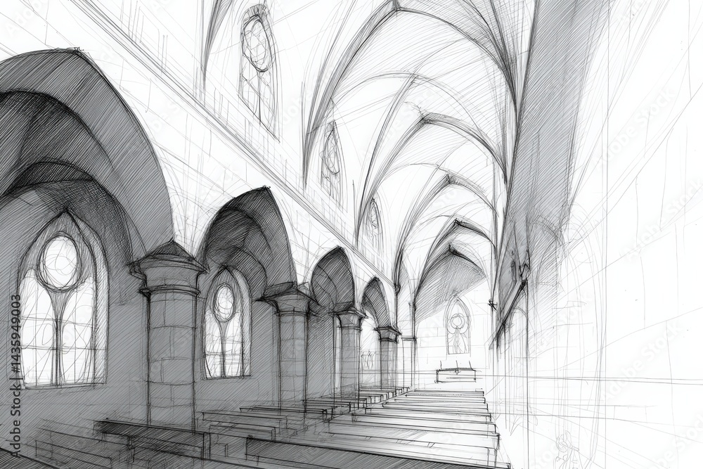 Fototapeta premium Sketch of a Gothic Church Interior with Arched Roof and Windows