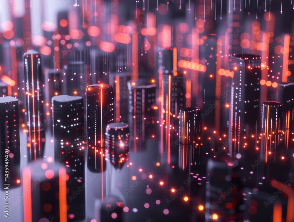 Fototapeta premium Futuristic cityscape with glowing neon lights and digital elements.