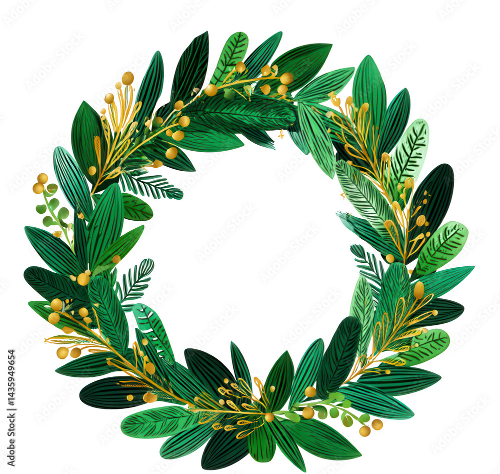 Naklejka premium Vibrant Floral Wreath Composed of Various Green Leaves and Golden Accents Ideal for Seasonal Decorations
