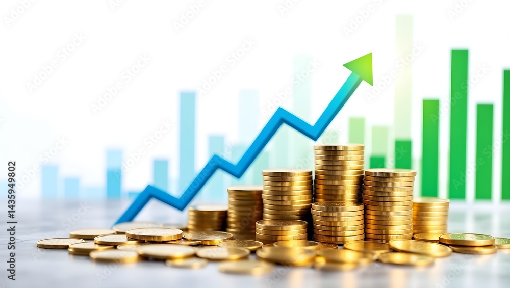 Stacks of gold coins symbolizing financial growth, with a chart showing upward trends Stacks of gold coins symbolizing financial growth, with a chart showing upward trends
