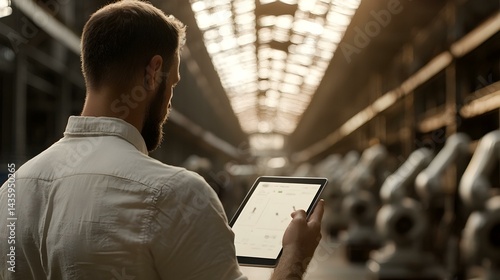 A man in a factory uses a tablet to monitor industrial robots.  The image depicts industry, technology, and automation.