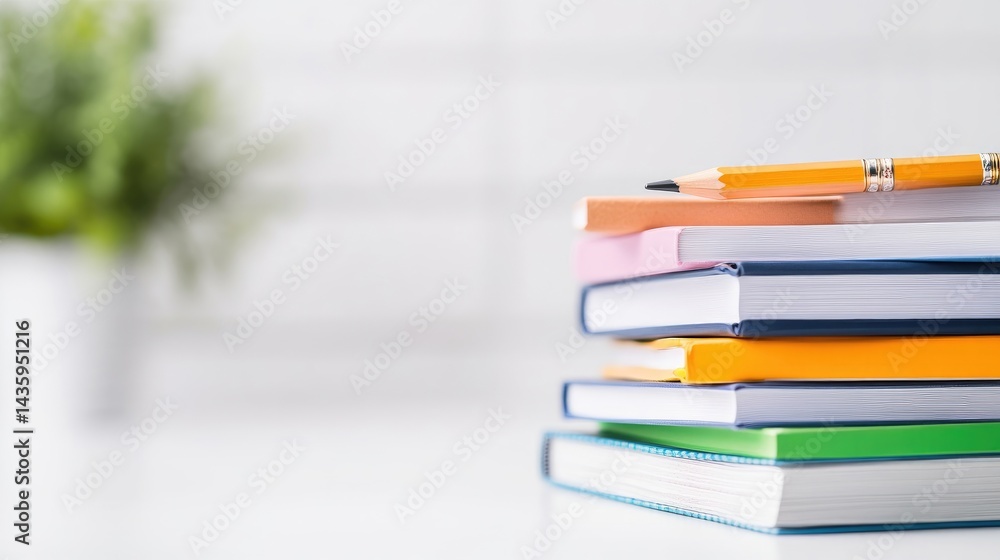 Fototapeta premium Stack of colorful books and a pencil on a white surface