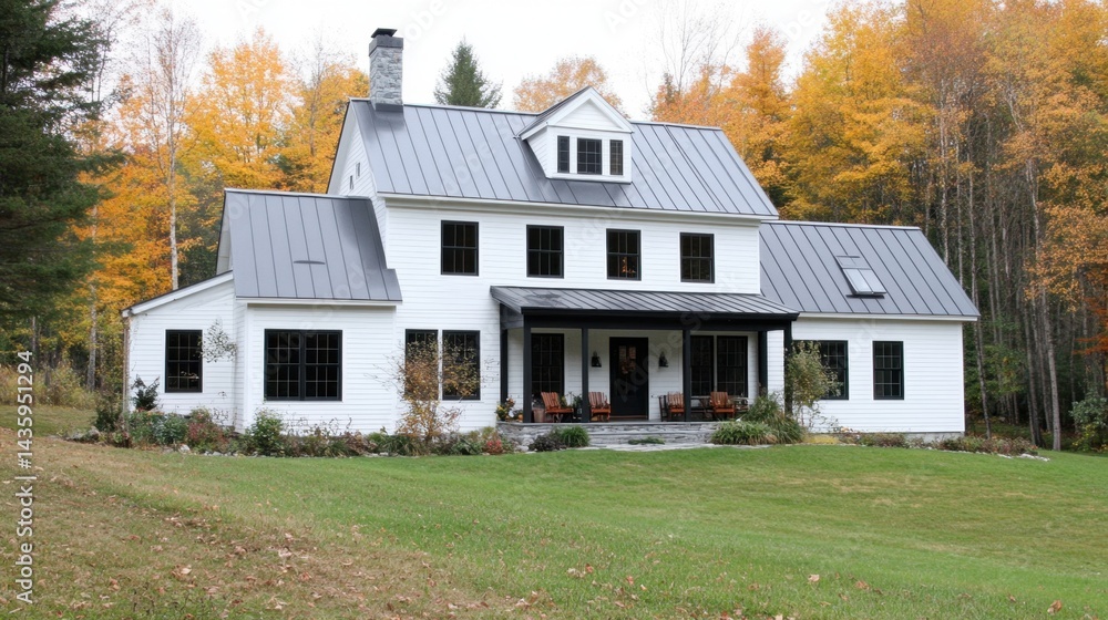 Obraz premium White modern farmhouse with black windows and metal roof in rural setting