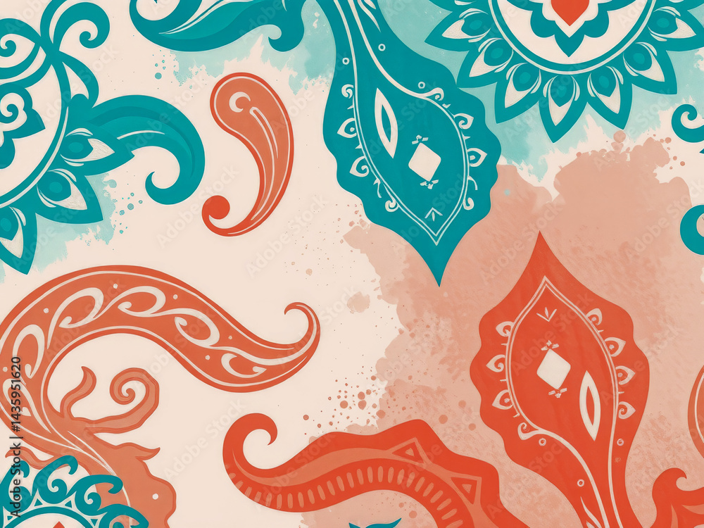 A colorful pattern of flowers and leaves with a blue and orange background. The flowers are arranged in a way that they seem to be dancing or swaying. Scene is lively and cheerful