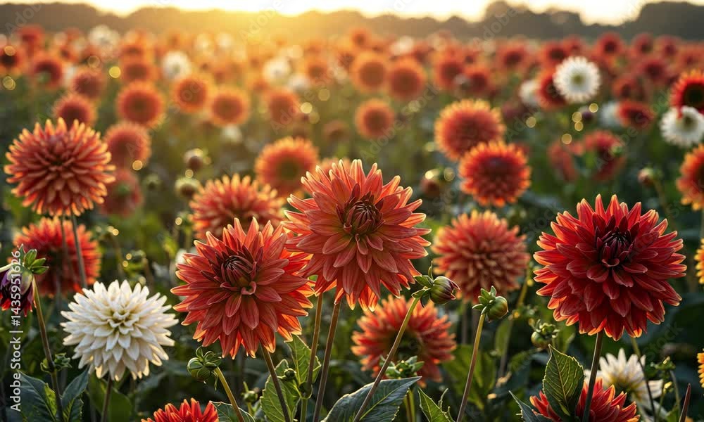 Field Of Red And Orange Dahlias With White Blooms Under Soft Morning Or Evening Sunlight Field Of Red And Orange Dahlias With White Blooms Under Soft Morning Or Evening Sunlight