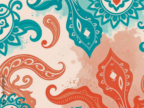 Obraz na płótnie A colorful pattern of flowers and leaves with a blue and orange background. The flowers are arranged in a way that they seem to be dancing or swaying. Scene is lively and cheerful w salonie