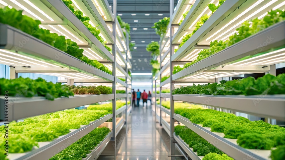 Fototapeta premium Indoor Vertical Farming with Fresh Green Lettuce in Modern Agricultural Environment