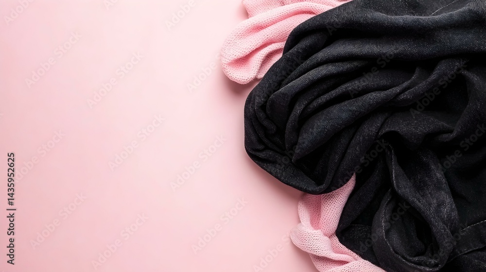 Fototapeta premium Pink and black fabric textures on pink background. Perfect for fashion, textile, and design projects.