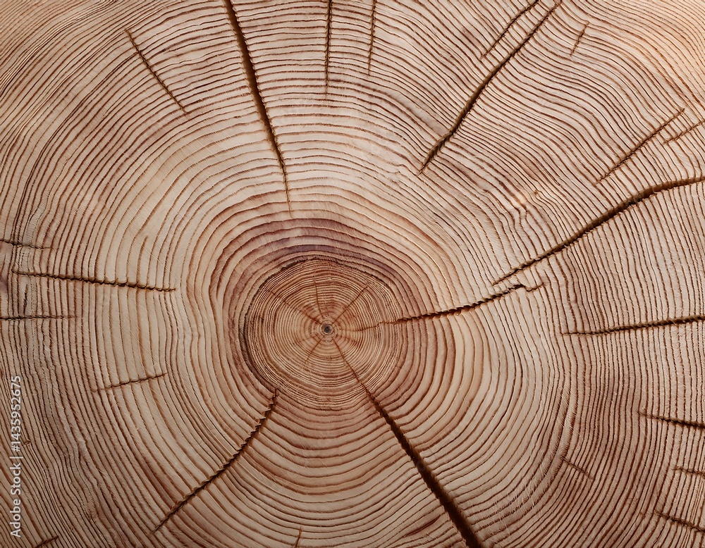 Fototapeta premium Close-up of a tree trunk cross-section showing detailed concentric growth rings and natural cracks radiating from the center, highlighting the texture and age of the wood.