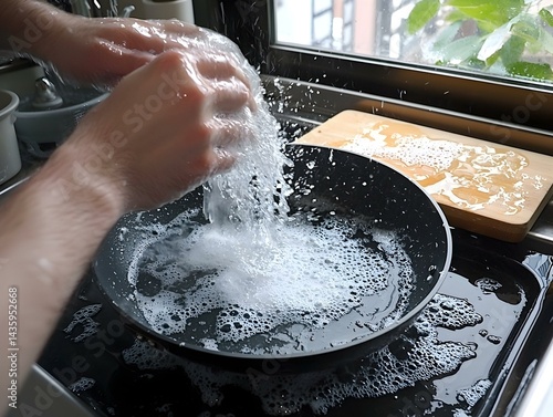 Hands washing a frying pan under running water.  Soap suds and water droplets visible.
