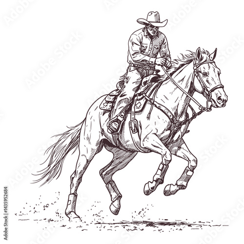 Vintage black and white drawing of cowboy riding horse at high speed capturing energy and movement of rodeo culture perfect for rustic wild west art prints and western lifestyle designs