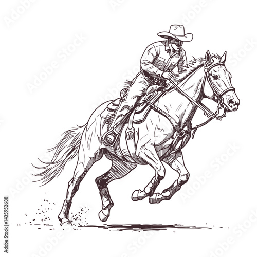 Rustic hand drawn cowboy racing at full gallop during intense rodeo competition traditional western culture illustrated in detailed black and white sketch perfect for wild west themed artwork and post