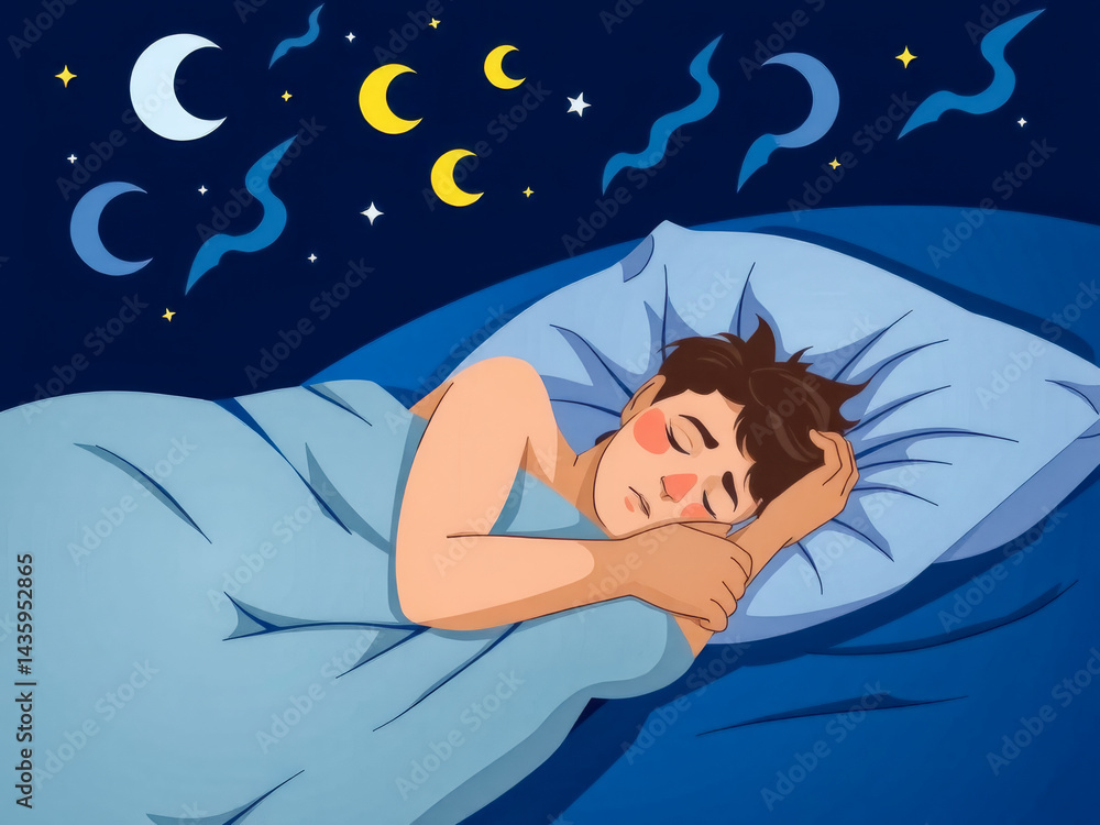 A man is sleeping on a bed with a blue blanket. The room is dark and the man is wearing a blue shirt