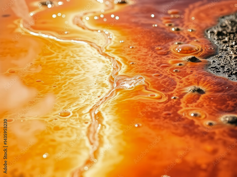 A yellowish brown liquid with a lot of bubbles and ripples. The liquid is orange and has a murky appearance