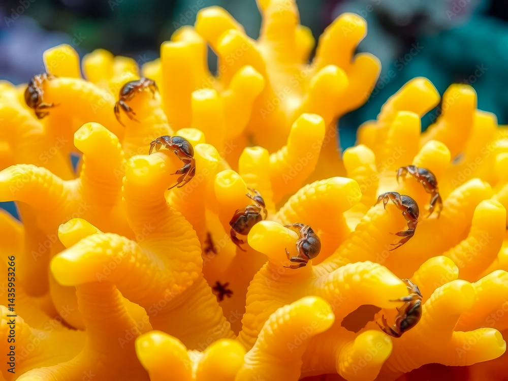 A group of crabs are on a yellow flower. The crabs are small and brown. The flower is yellow and has a lot of detail