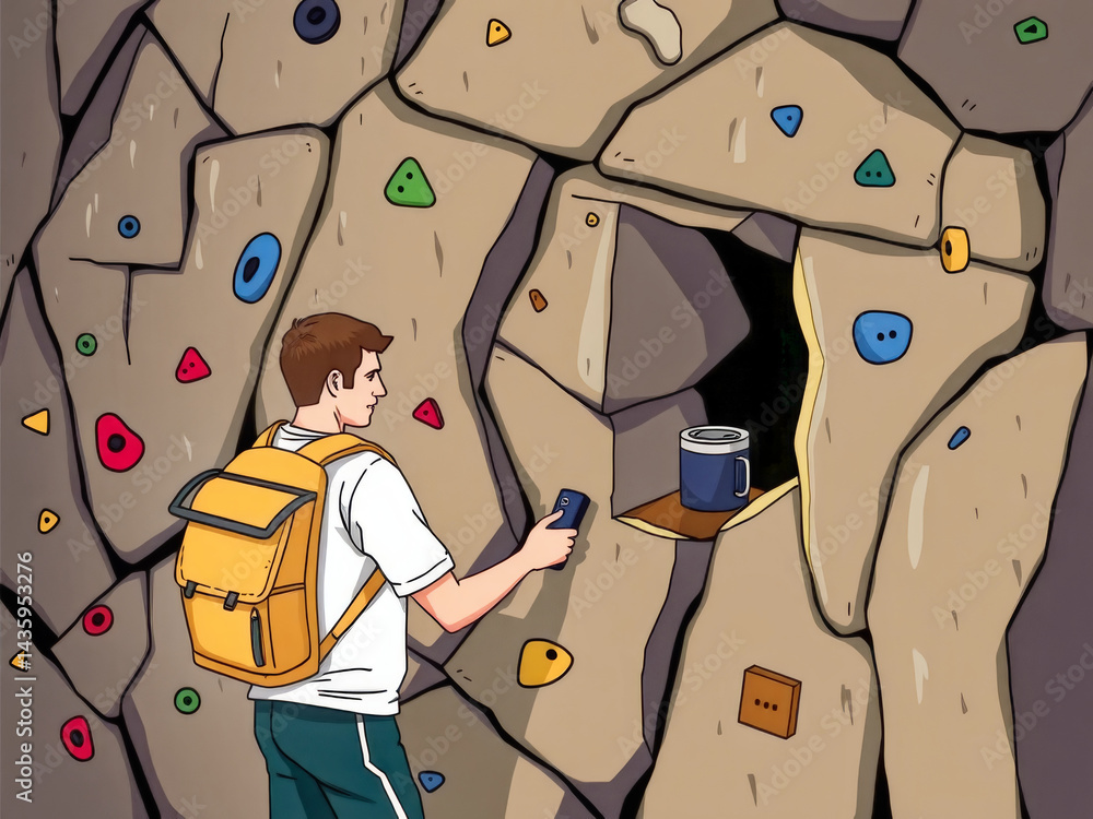 A man is climbing a rock wall with a backpack and a cell phone. He is looking at his phone while climbing