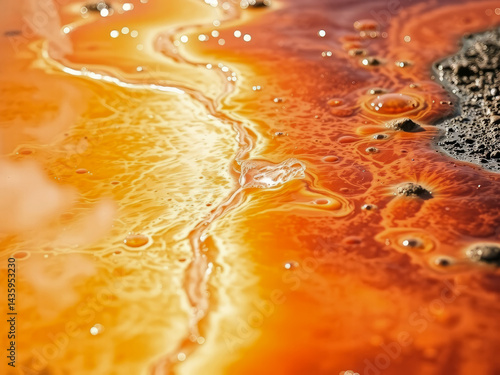 Obraz na płótnie A yellowish brown liquid with a lot of bubbles and ripples. The liquid is orange and has a murky appearance w salonie