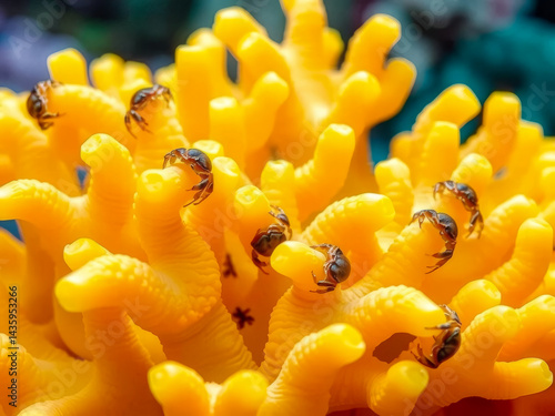 Obraz na płótnie A group of crabs are on a yellow flower. The crabs are small and brown. The flower is yellow and has a lot of detail w salonie