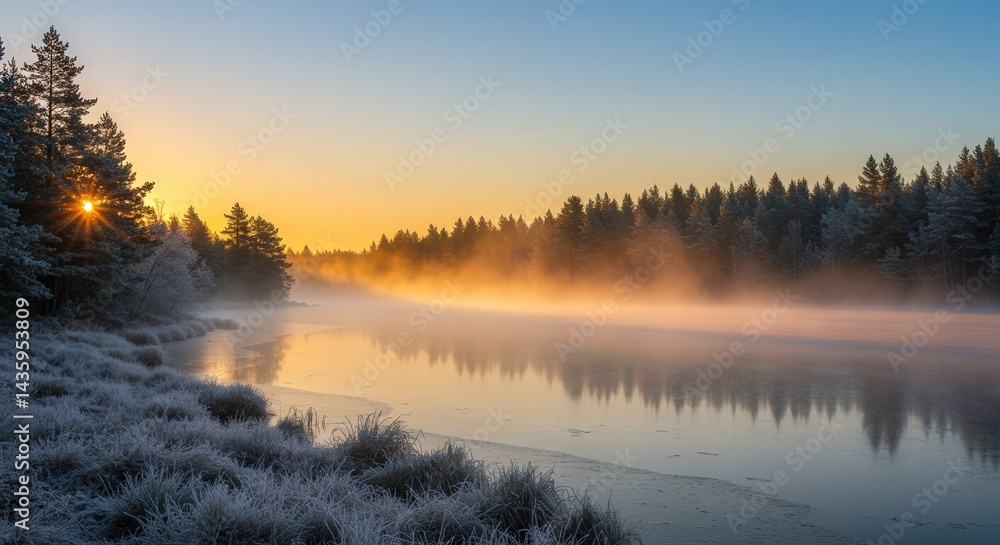 Fototapeta premium Frosty Sunrise Over a Misty River and Pine Forest