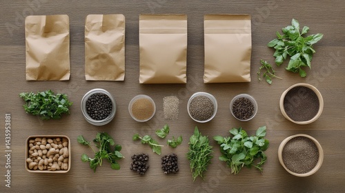 Wallpaper Mural Sustainable packaging made of kraft paper and biodegradable materials laid out on a wooden surface, no people Torontodigital.ca