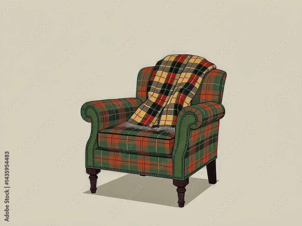 A plaid chair with a blanket draped over it. The chair is green and red with a yellow blanket draped over it. The chair is sitting on a white background