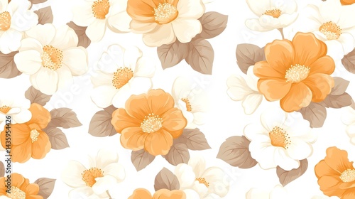 A seamless pattern of orange and white flowers with brown leaves on a white background