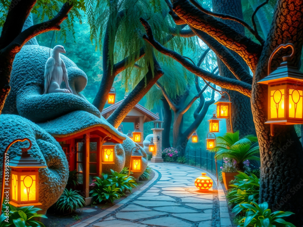 A path with a house in the middle of it. The house is made of wood and has a lot of lights on it. The path is lit up with lanterns and there are trees in the background