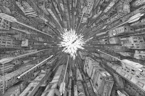 Surreal Urban Landscape with Vertical Cityscape and Radiant Light